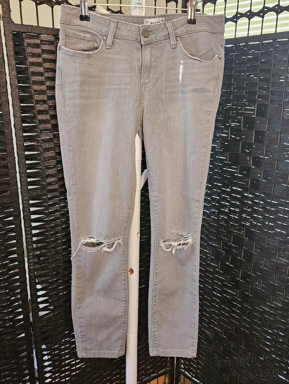 Paige Distressed Skinny Jeans in Light Gray
